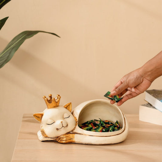 a person putting coins into a cat bowl